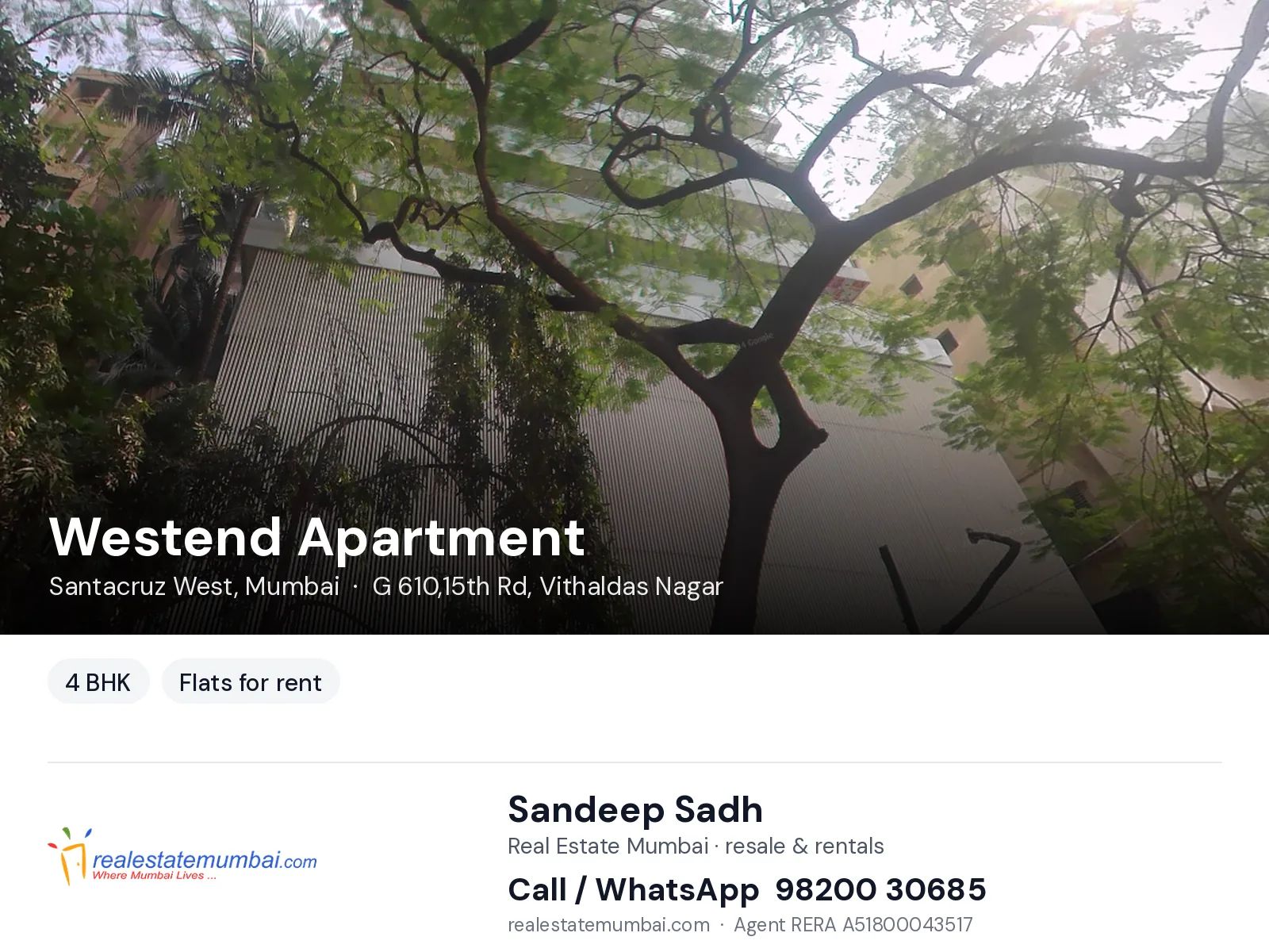 Westend Apartment, Santacruz West, Mumbai — 4 BHK flats for rent | Real Estate Mumbai, Sandeep Sadh 98200 30685