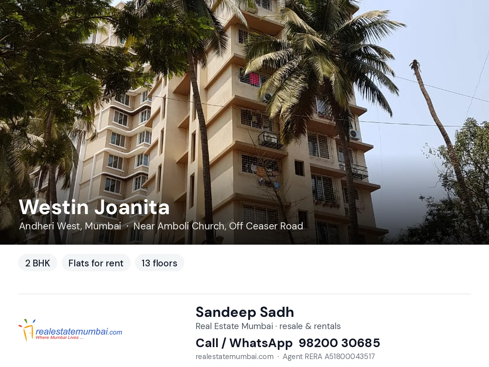 Westin Joanita, Andheri West, Mumbai — 2 BHK flats for rent | Real Estate Mumbai, Sandeep Sadh 98200 30685