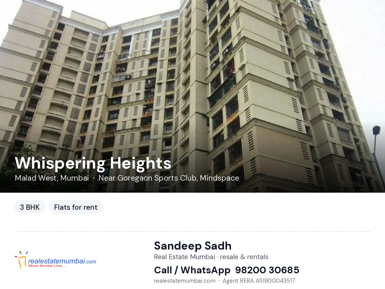 Whispering Heights, Malad West, Mumbai — 3 BHK flats for rent | Real Estate Mumbai, Sandeep Sadh 98200 30685