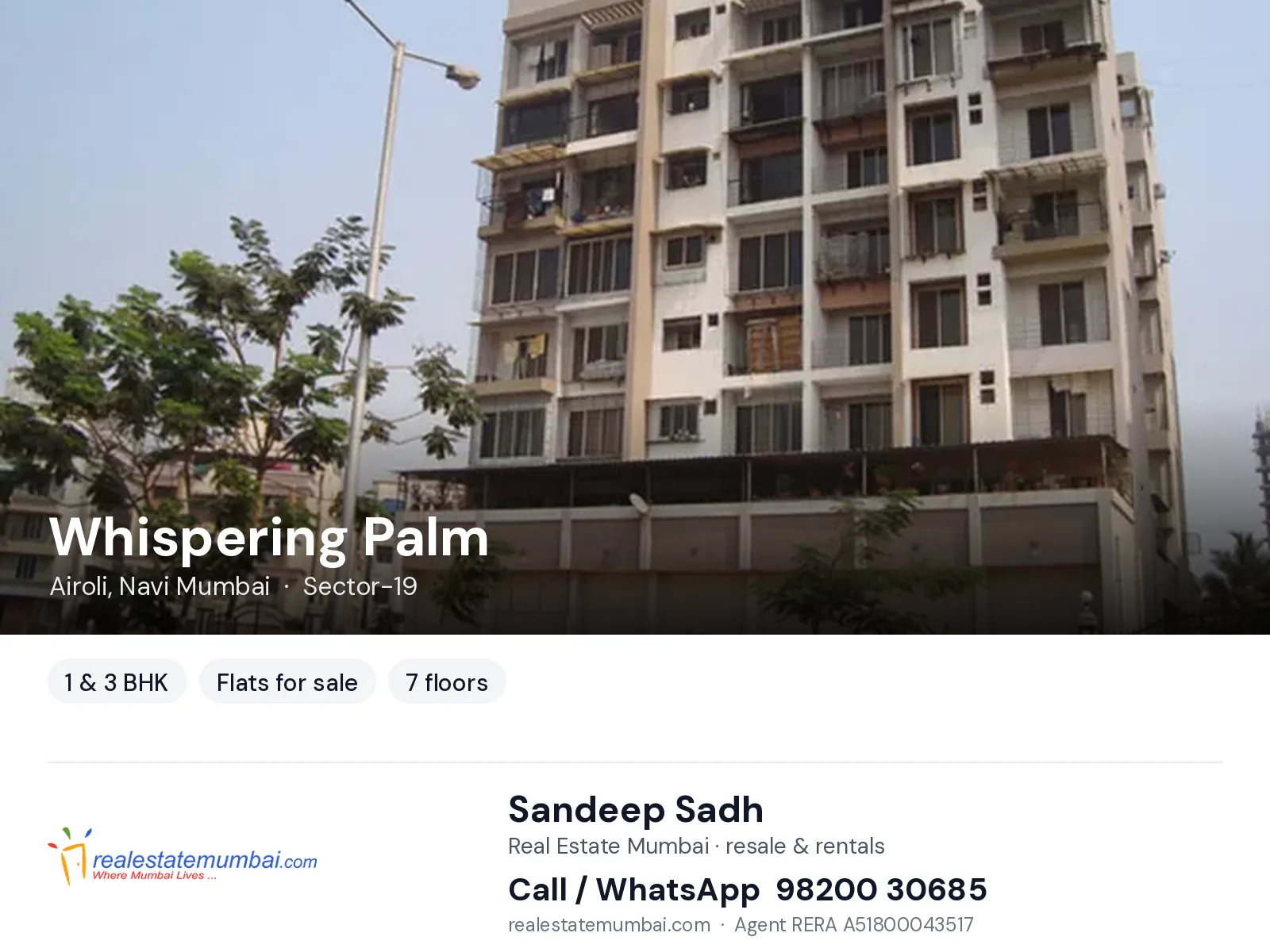 Whispering Palm, Airoli, Navi Mumbai — 1 & 3 BHK flats for sale | Real Estate Mumbai, Sandeep Sadh 98200 30685