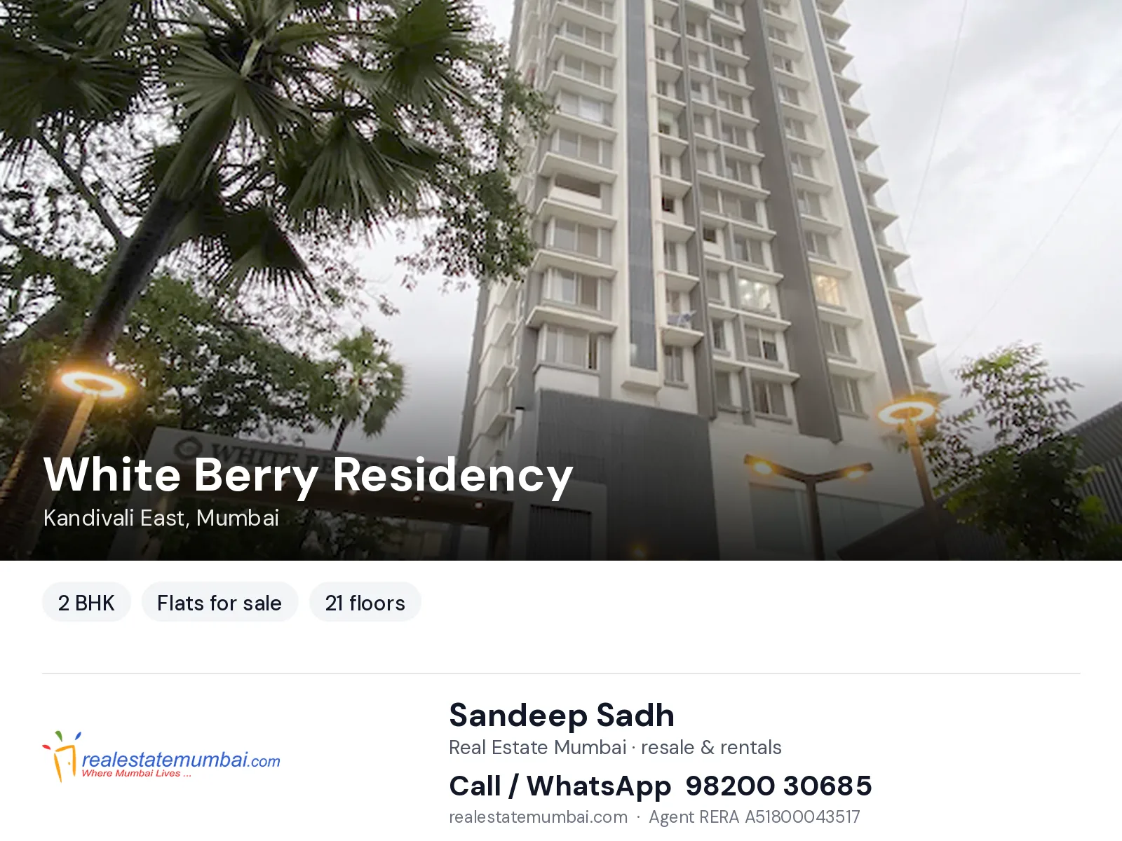 White Berry Residency, Kandivali East, Mumbai — 2 BHK flats for sale | Real Estate Mumbai, Sandeep Sadh 98200 30685