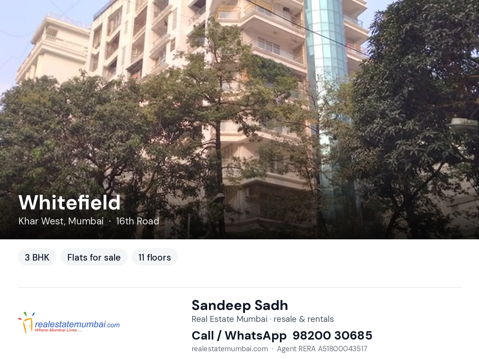 Whitefield, Khar West, Mumbai — 3 BHK flats for sale | Real Estate Mumbai, Sandeep Sadh 98200 30685