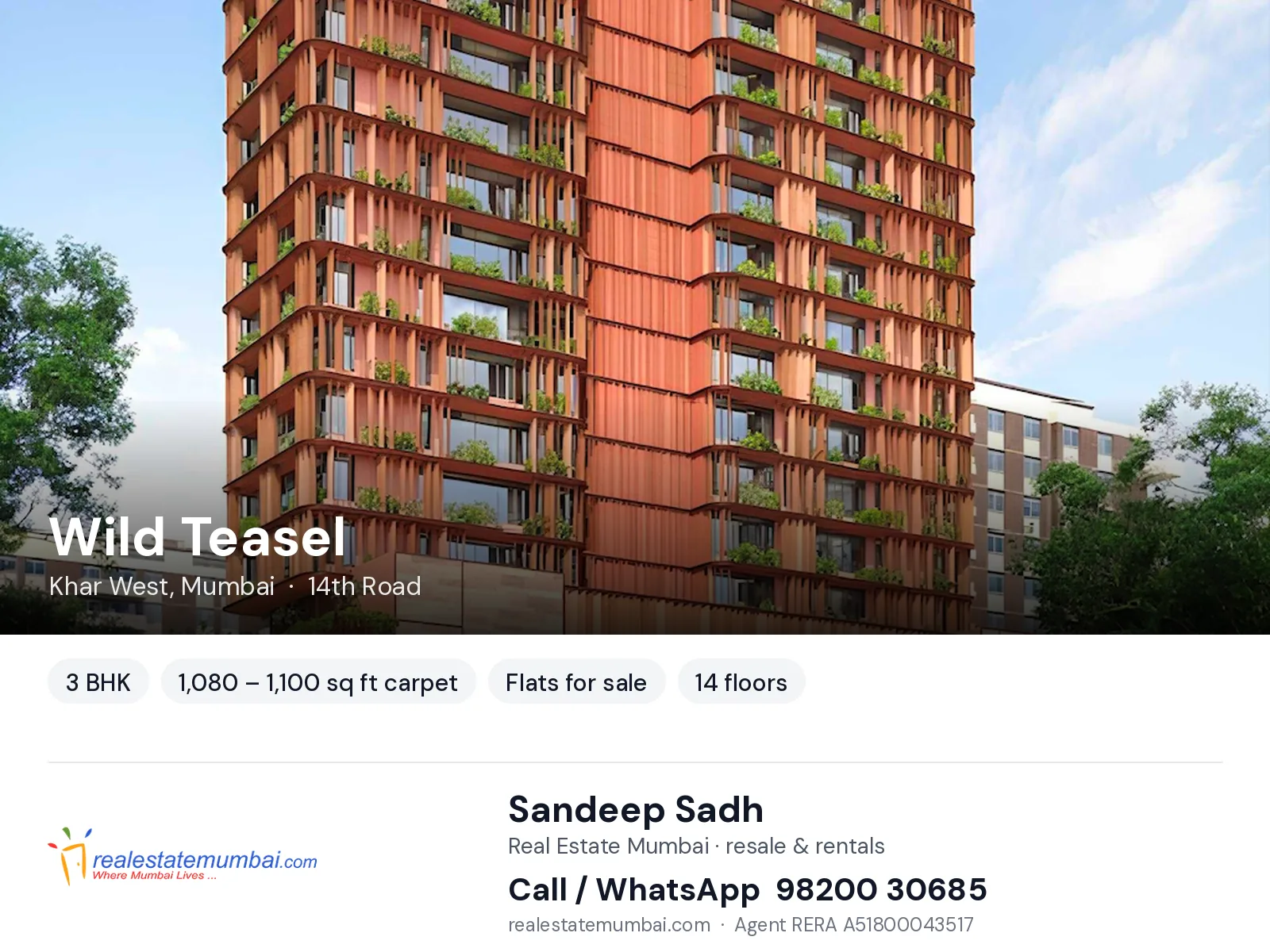 Wild Teasel, Khar West, Mumbai — 3 BHK flats for sale | Real Estate Mumbai, Sandeep Sadh 98200 30685