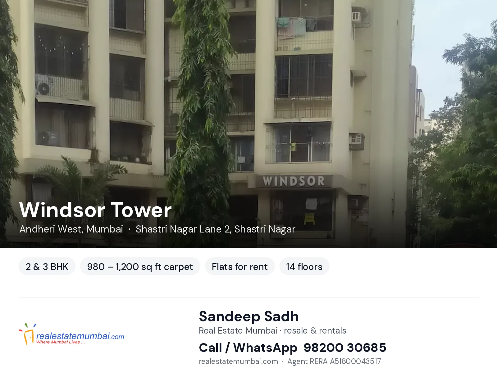 Windsor Tower, Andheri West, Mumbai — 2 & 3 BHK flats for rent | Real Estate Mumbai, Sandeep Sadh 98200 30685