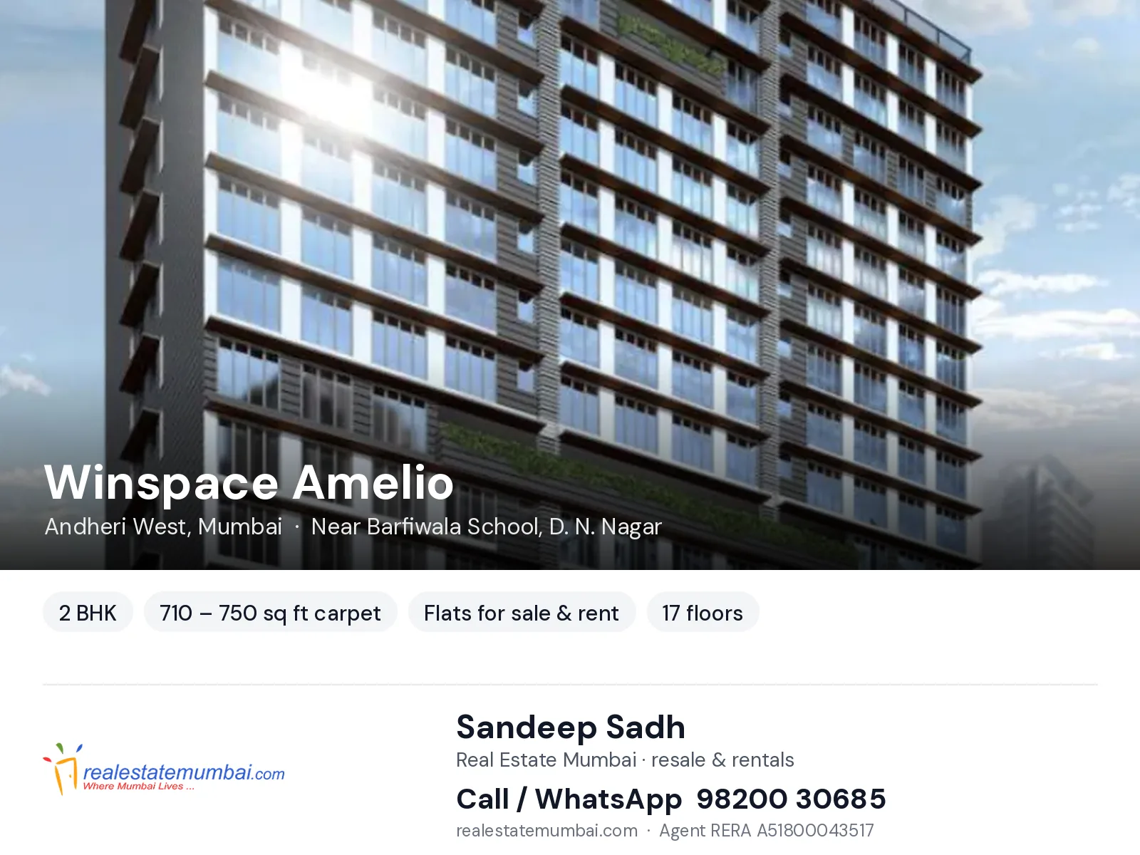 Winspace Amelio, Andheri West, Mumbai — 2 BHK flats for sale & rent | Real Estate Mumbai, Sandeep Sadh 98200 30685