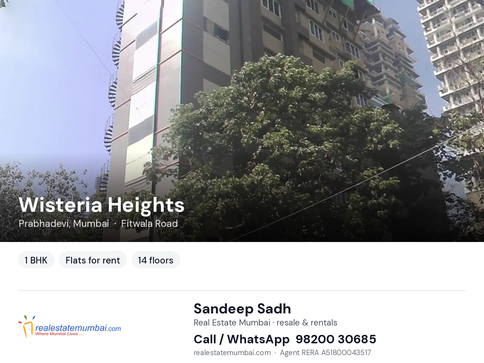 Wisteria Heights, Prabhadevi, Mumbai — 1 BHK flats for rent | Real Estate Mumbai, Sandeep Sadh 98200 30685