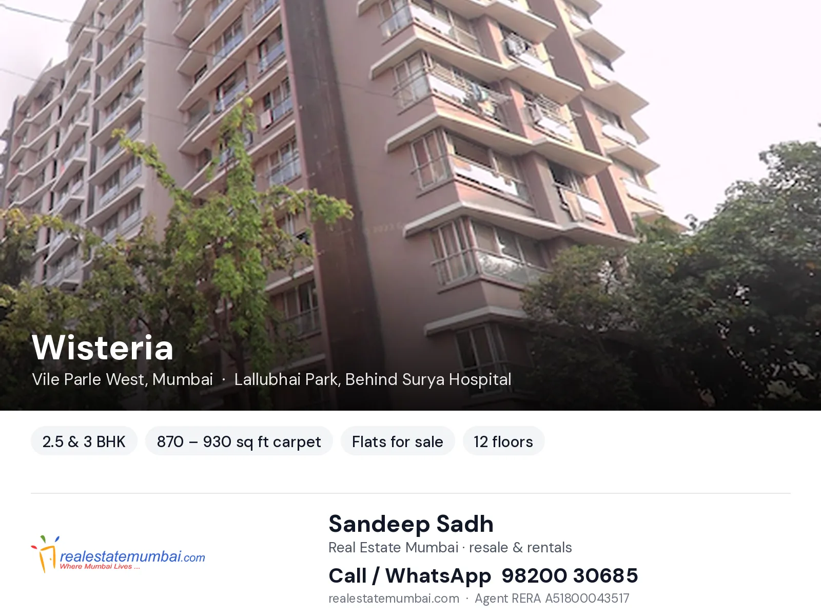 Wisteria, Vile Parle West, Mumbai — 2.5 & 3 BHK flats for sale | Real Estate Mumbai, Sandeep Sadh 98200 30685