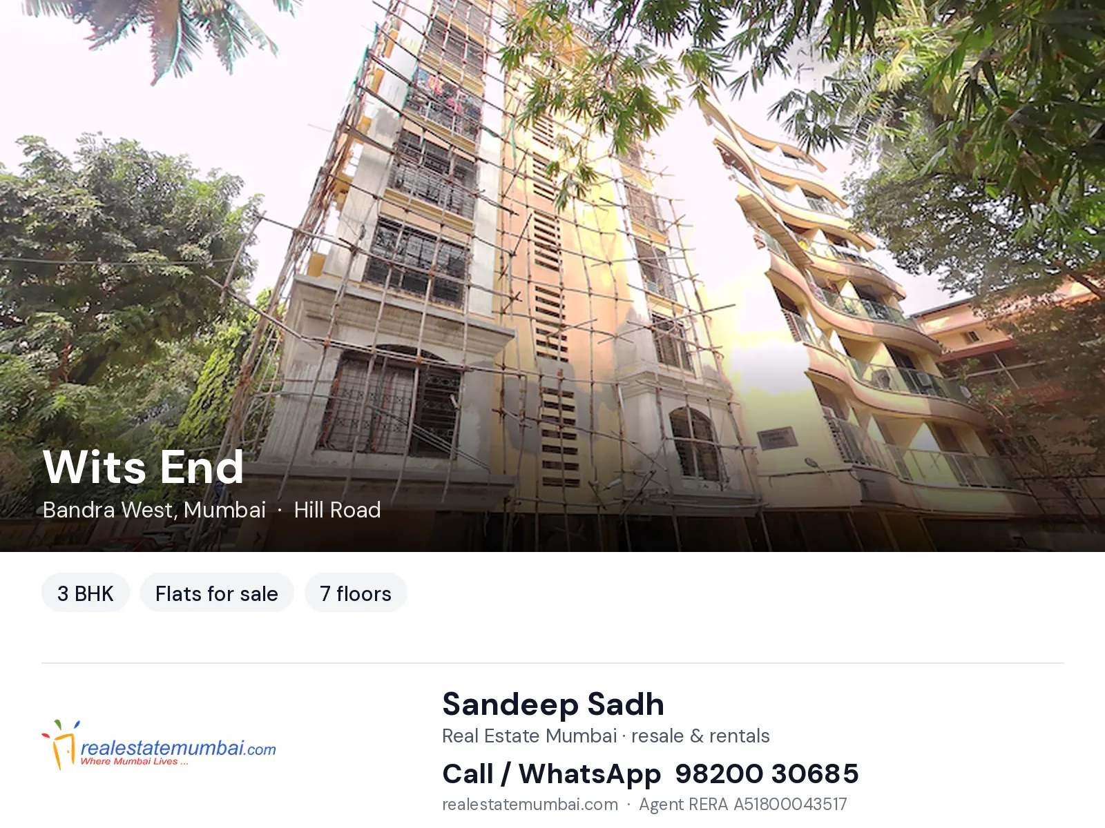 Wits End, Bandra West, Mumbai — 3 BHK flats for sale | Real Estate Mumbai, Sandeep Sadh 98200 30685
