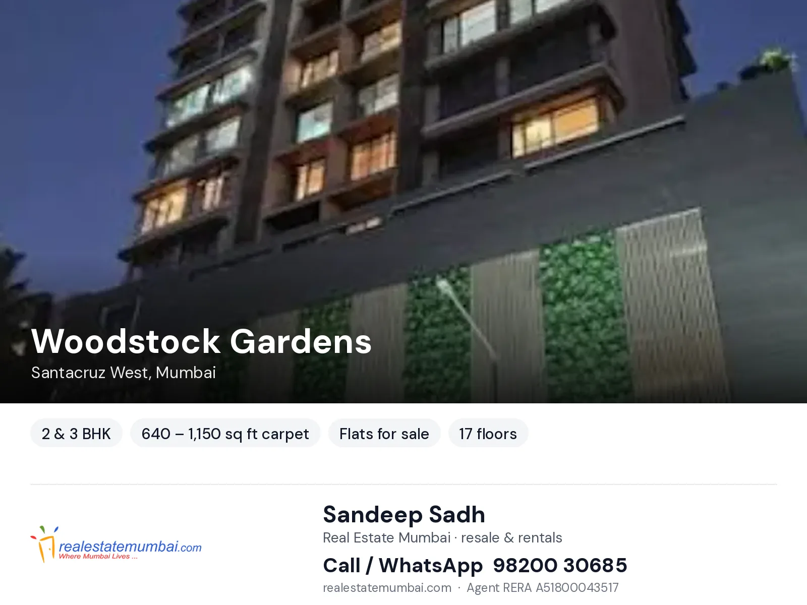 Woodstock Gardens, Santacruz West, Mumbai — 2 & 3 BHK flats for sale | Real Estate Mumbai, Sandeep Sadh 98200 30685