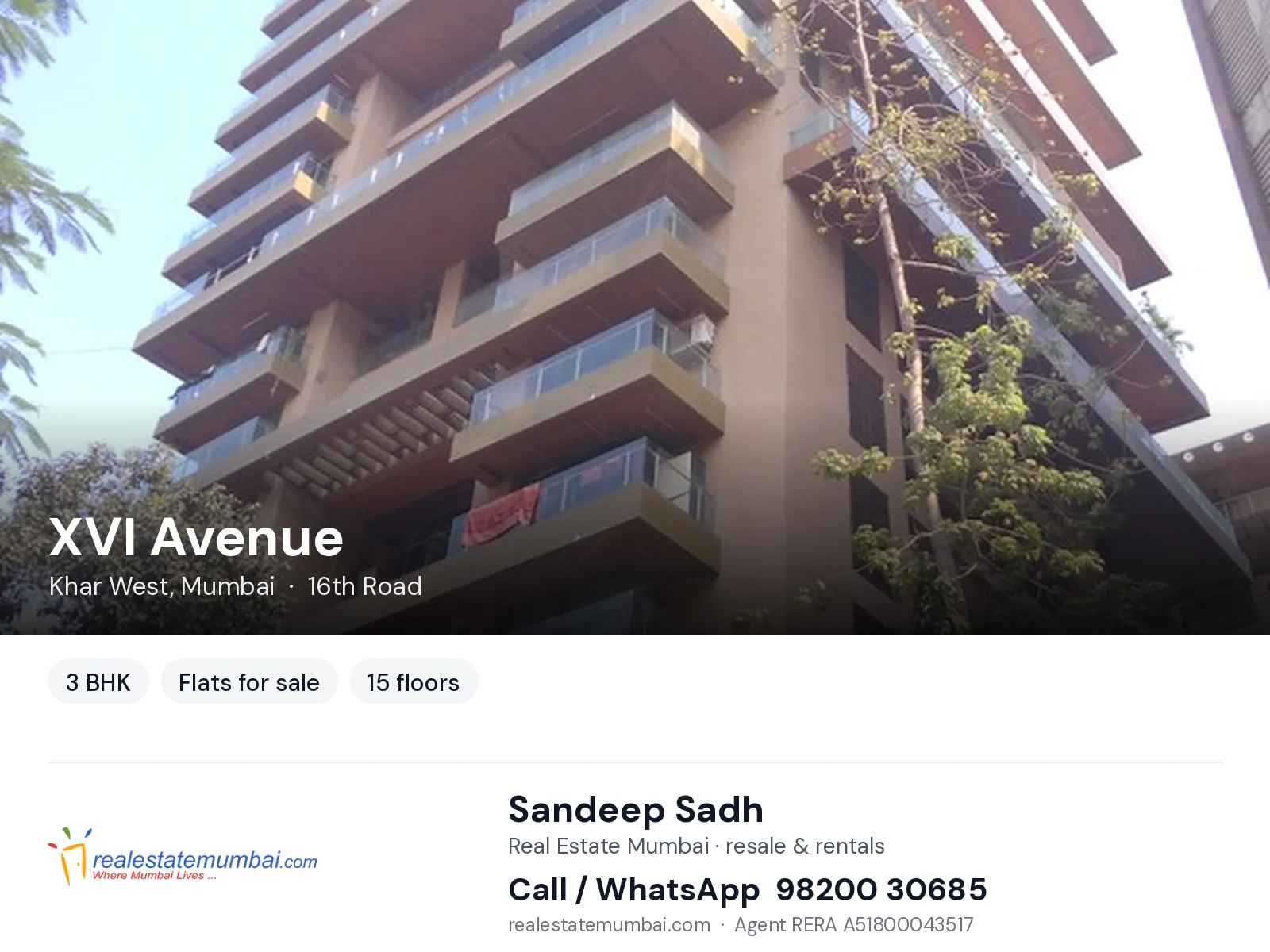 XVI Avenue, Khar West, Mumbai — 3 BHK flats for sale | Real Estate Mumbai, Sandeep Sadh 98200 30685