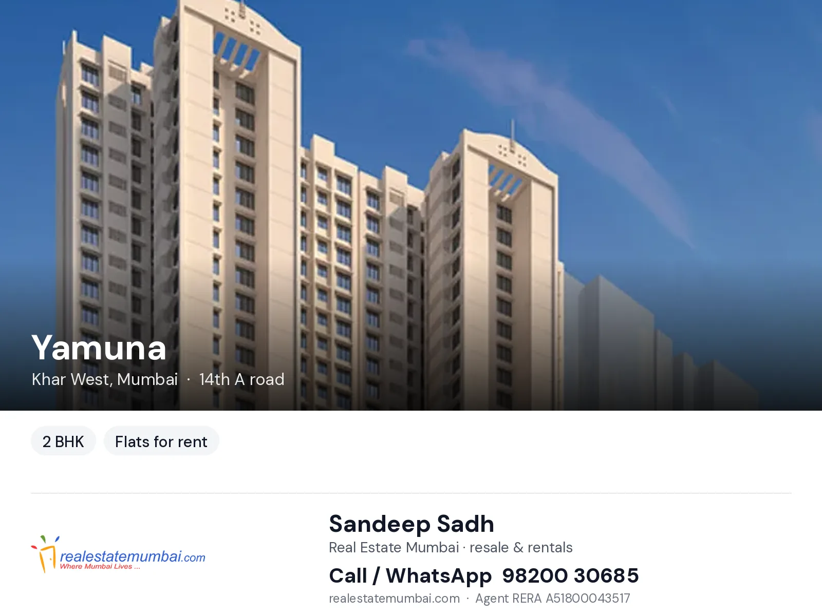 Yamuna, Khar West, Mumbai — 2 BHK flats for rent | Real Estate Mumbai, Sandeep Sadh 98200 30685