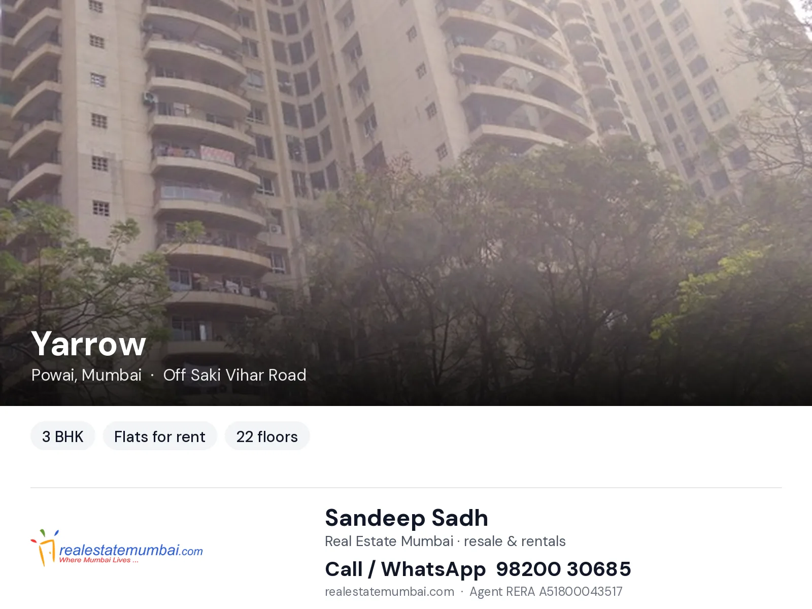 Yarrow, Powai, Mumbai — 3 BHK flats for rent | Real Estate Mumbai, Sandeep Sadh 98200 30685