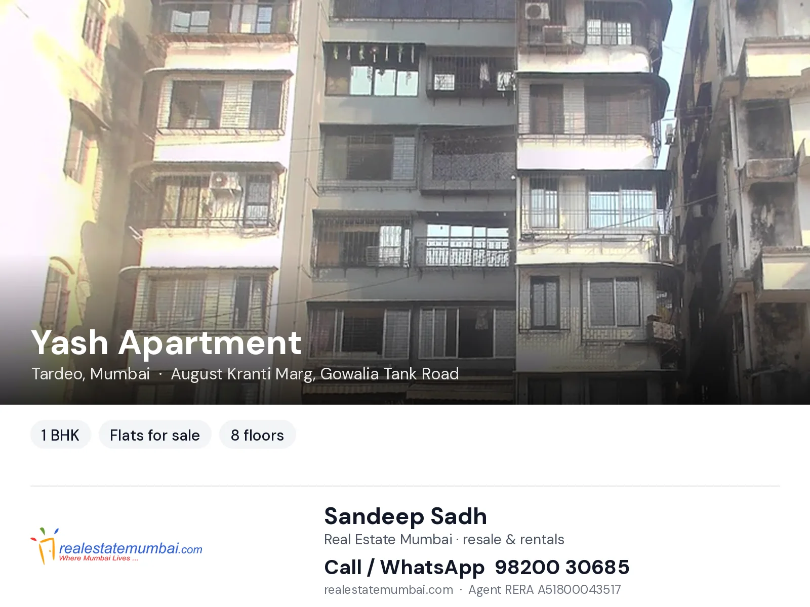 Yash Apartment, Tardeo, Mumbai — 1 BHK flats for sale | Real Estate Mumbai, Sandeep Sadh 98200 30685