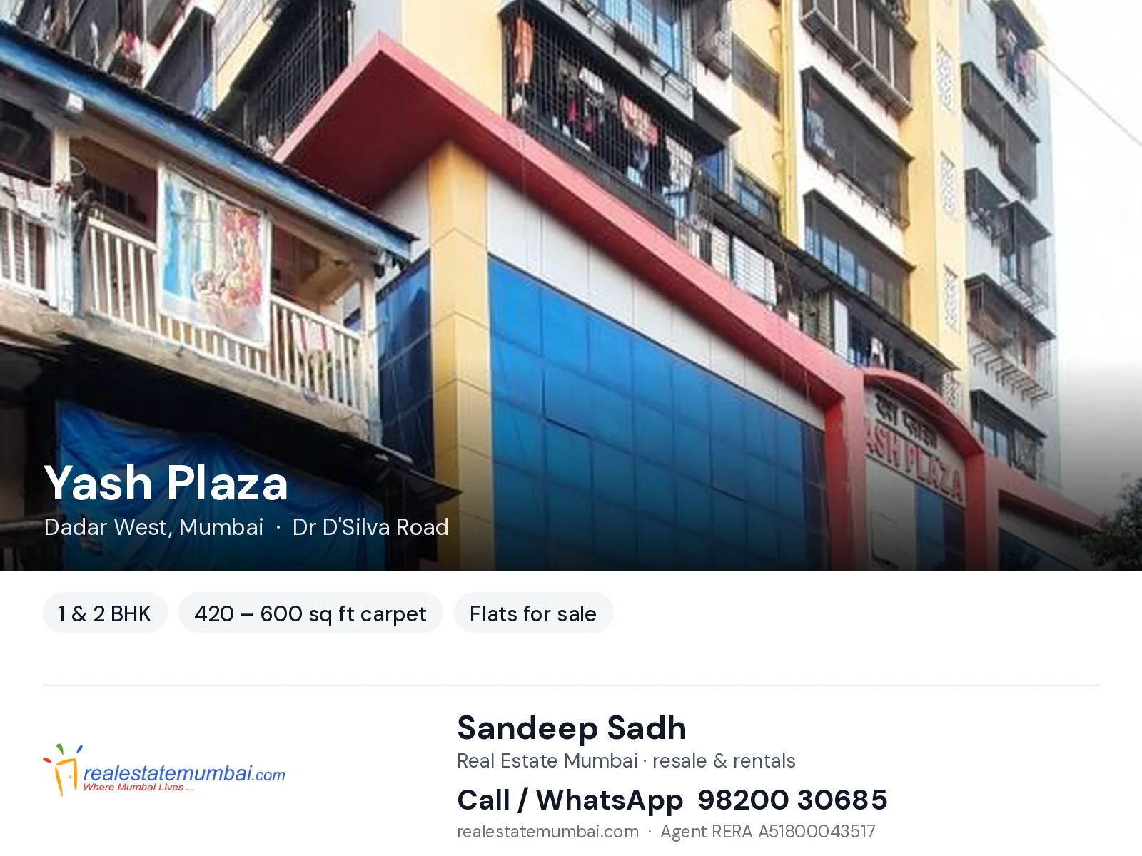 Yash Plaza, Dadar West, Mumbai — 1 & 2 BHK flats for sale | Real Estate Mumbai, Sandeep Sadh 98200 30685