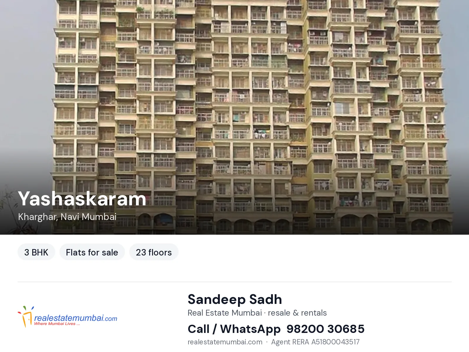Yashaskaram, Kharghar, Navi Mumbai — 3 BHK flats for sale | Real Estate Mumbai, Sandeep Sadh 98200 30685