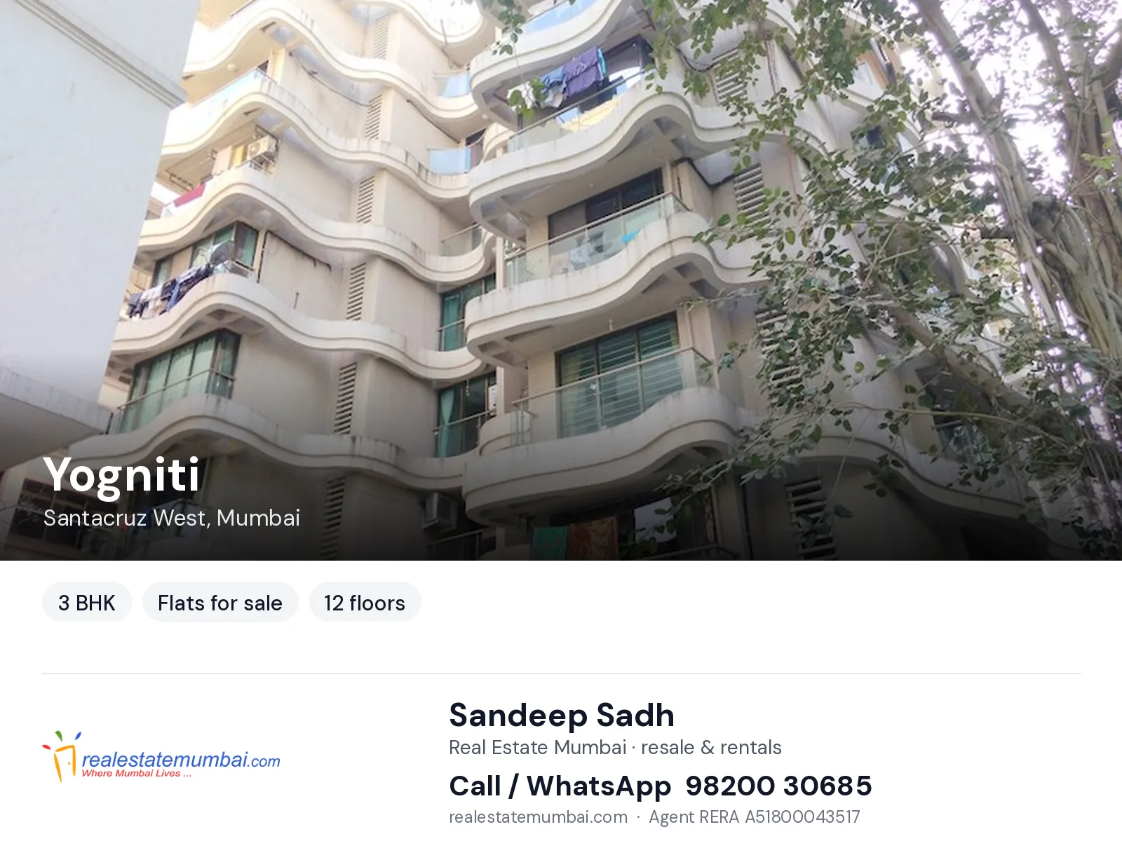 Yogniti, Santacruz West, Mumbai — 3 BHK flats for sale | Real Estate Mumbai, Sandeep Sadh 98200 30685
