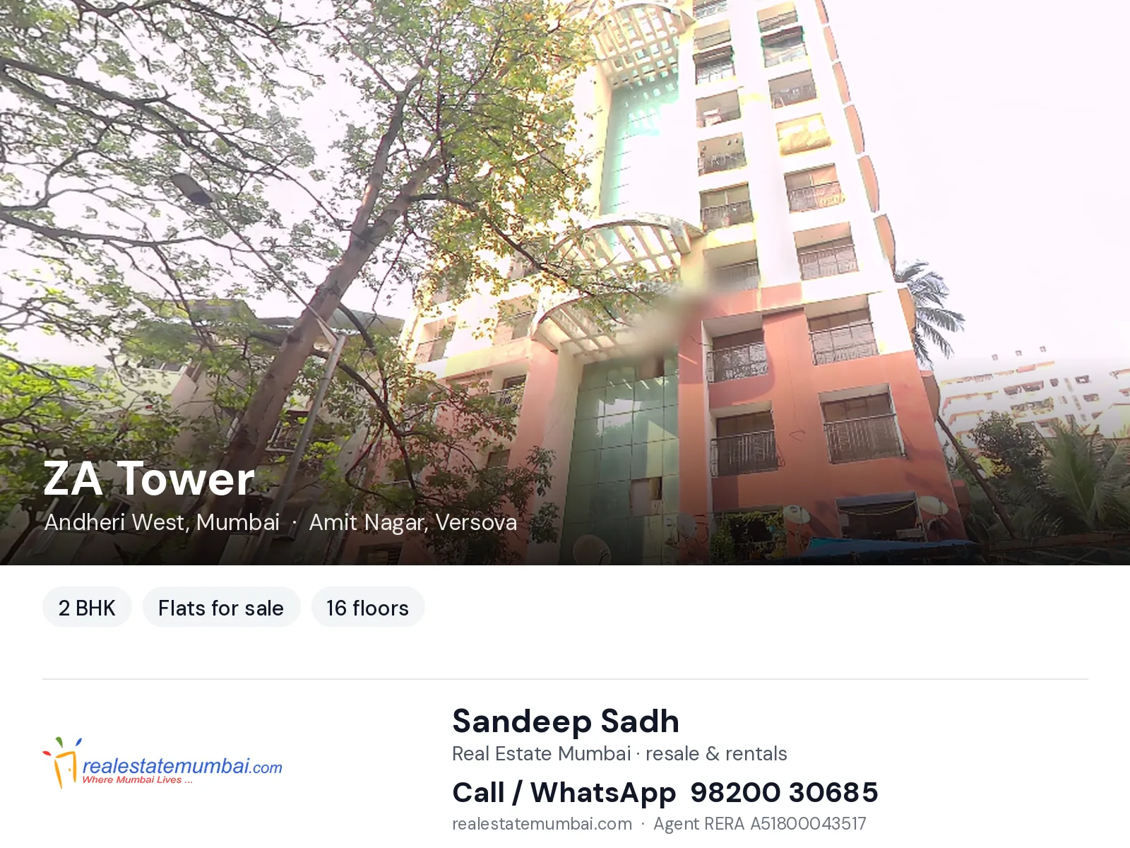 ZA Tower, Andheri West, Mumbai — 2 BHK flats for sale | Real Estate Mumbai, Sandeep Sadh 98200 30685