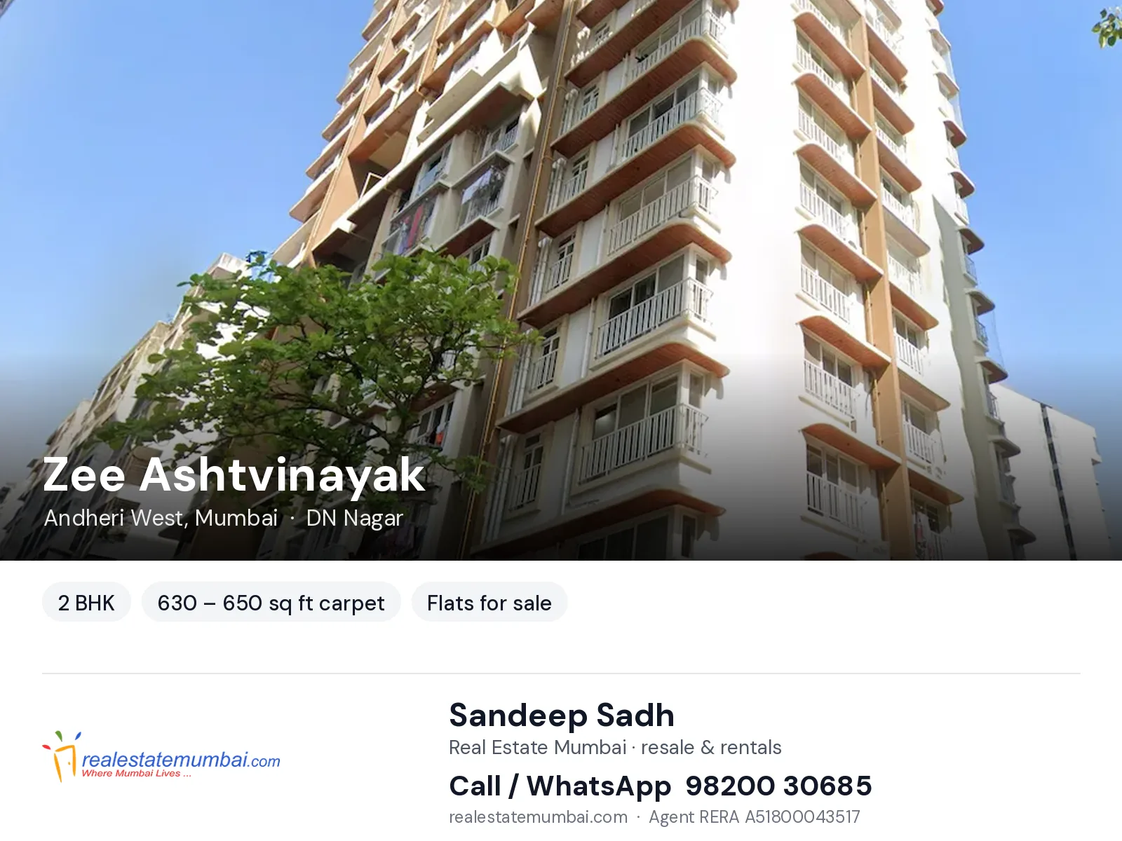 Zee Ashtvinayak, Andheri West, Mumbai — 2 BHK flats for sale | Real Estate Mumbai, Sandeep Sadh 98200 30685