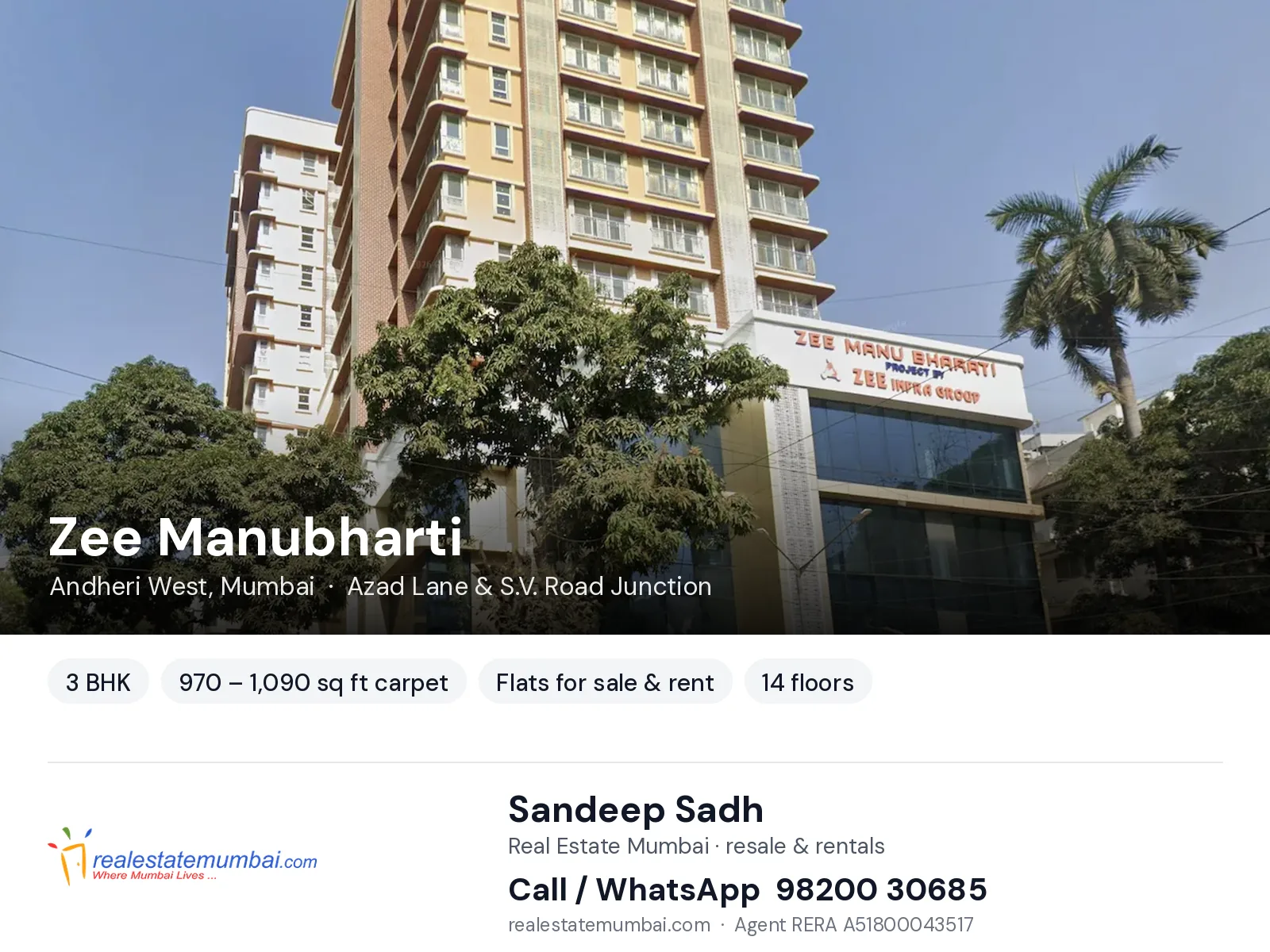 Zee Manubharti, Andheri West, Mumbai — 3 BHK flats for sale & rent | Real Estate Mumbai, Sandeep Sadh 98200 30685