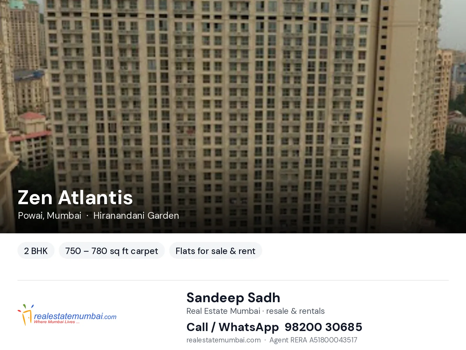 Zen Atlantis, Powai, Mumbai — 2 BHK flats for sale & rent | Real Estate Mumbai, Sandeep Sadh 98200 30685