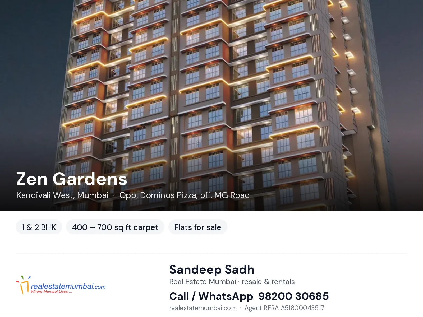 Zen Gardens, Kandivali West, Mumbai — 1 & 2 BHK flats for sale | Real Estate Mumbai, Sandeep Sadh 98200 30685