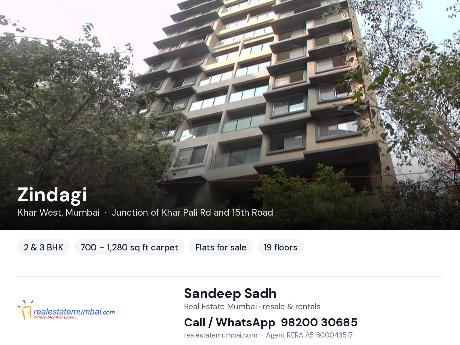 Zindagi, Khar West, Mumbai — 2 & 3 BHK flats for sale | Real Estate Mumbai, Sandeep Sadh 98200 30685
